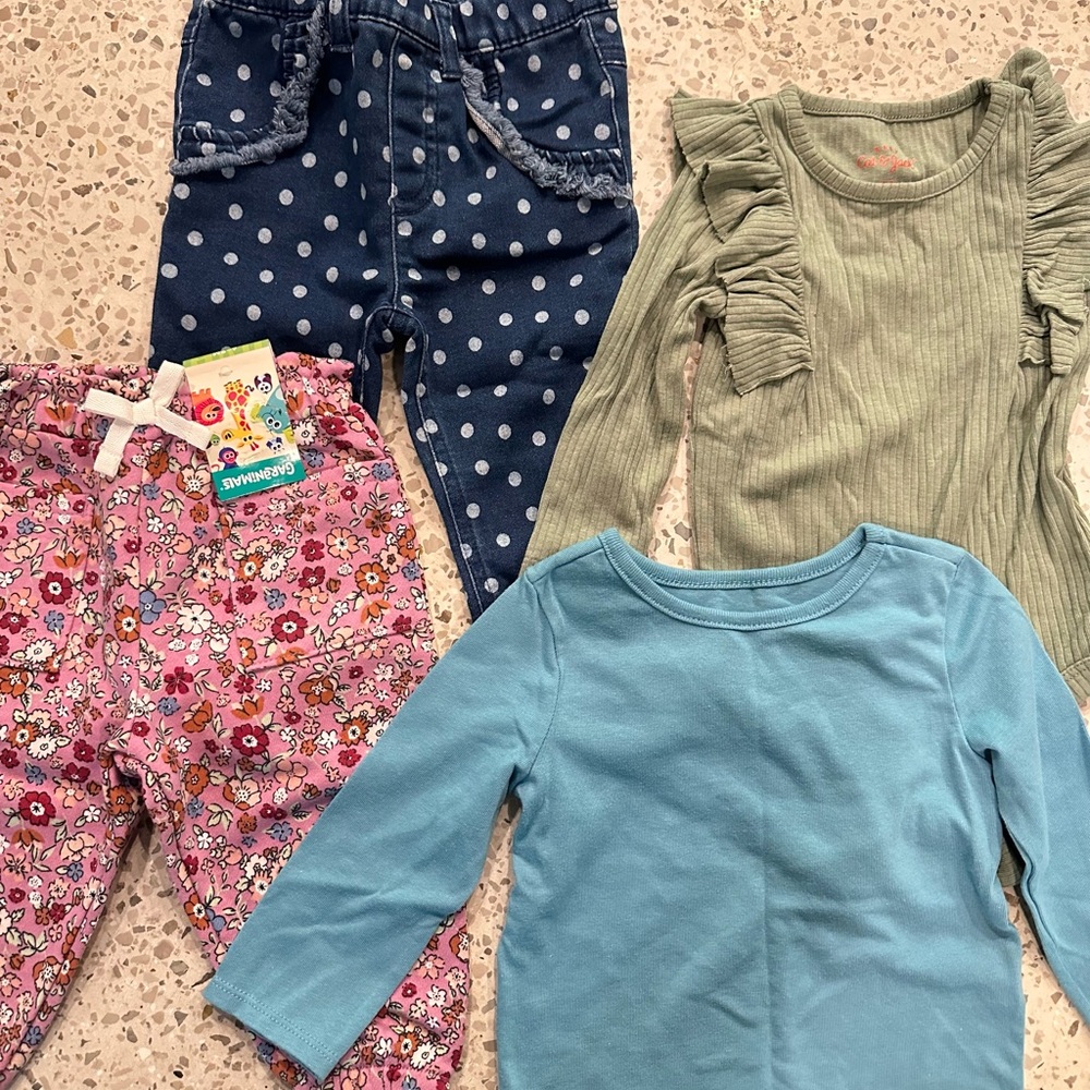 6-9m Clothing Set - Polka Dot Jeans, Floral Pants, Ruffle BodySuit, Blue TShirt